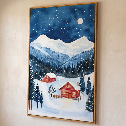 Snowy Mountain Landscape with Red Cottages Canvas shown in white oak floating frame
