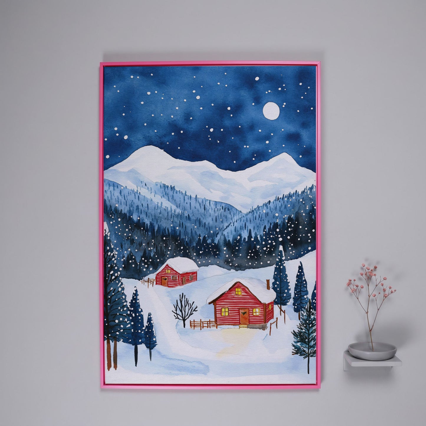 Snowy Mountain Landscape with Red Cottages Canvas in pink floating frame