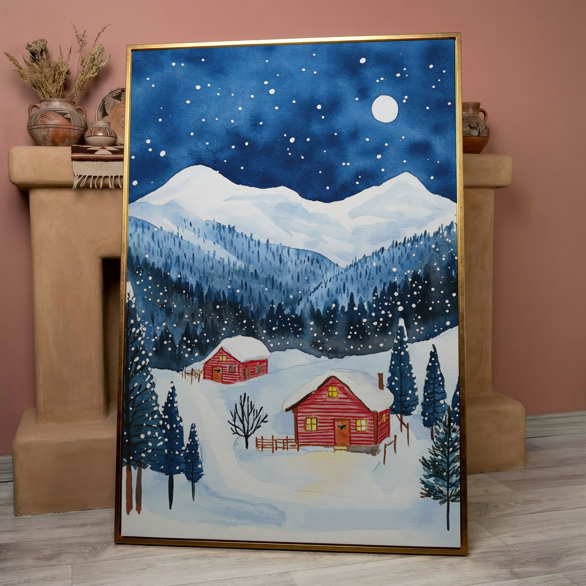Snowy Mountain Landscape with Red Cottages Canvas in rose gold floating frame