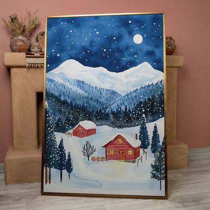 Snowy Mountain Landscape with Red Cottages Canvas in rose gold floating frame