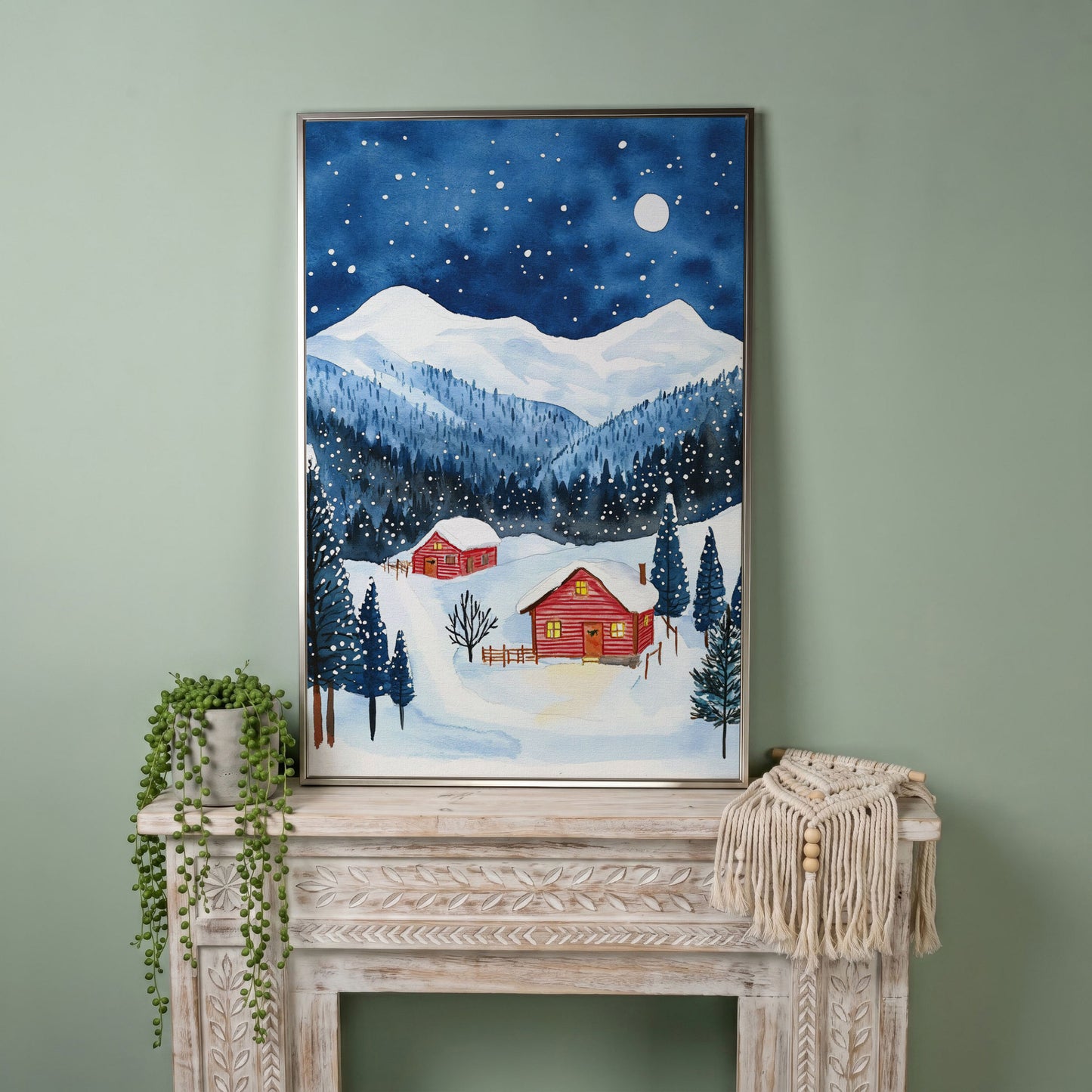 Snowy Mountain Landscape with Red Cottages Canvas in silver floating frame