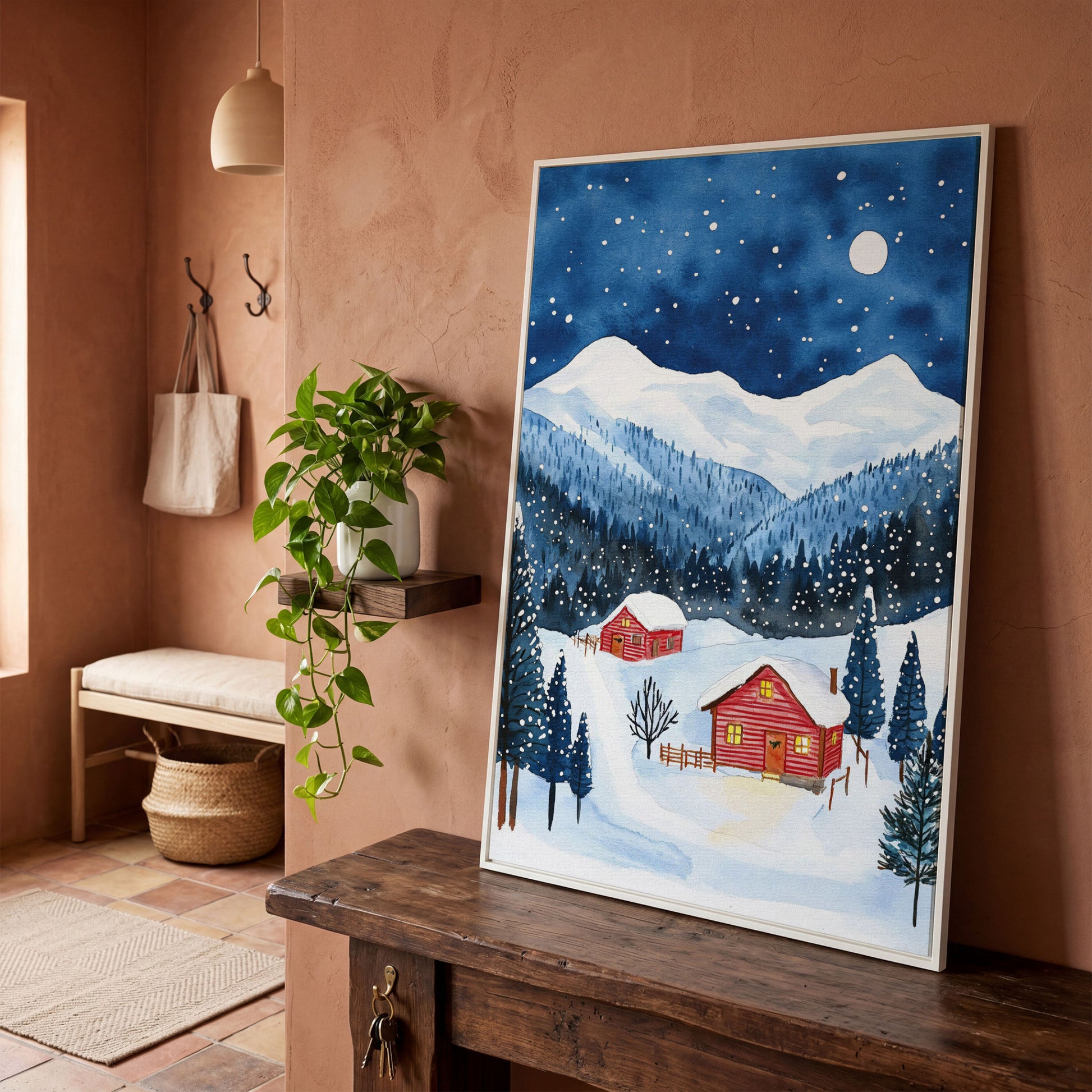 Snowy Mountain Landscape with Red Cottages Canvas in white floating frame