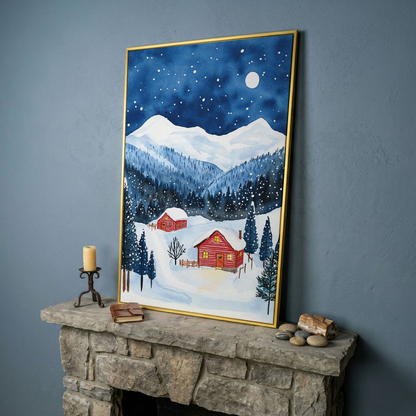 Snowy Mountain Landscape with Red Cottages Canvas in yellow gold floating frame