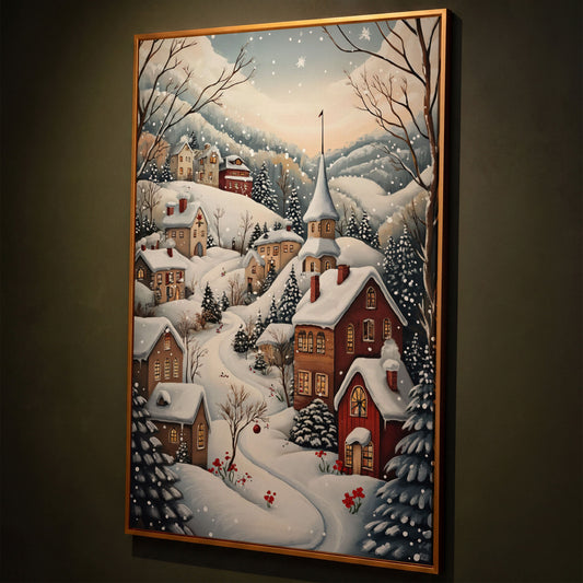 Winter Village Canvas Print with Snow-Covered Rooftops shown in antique gold floating frame