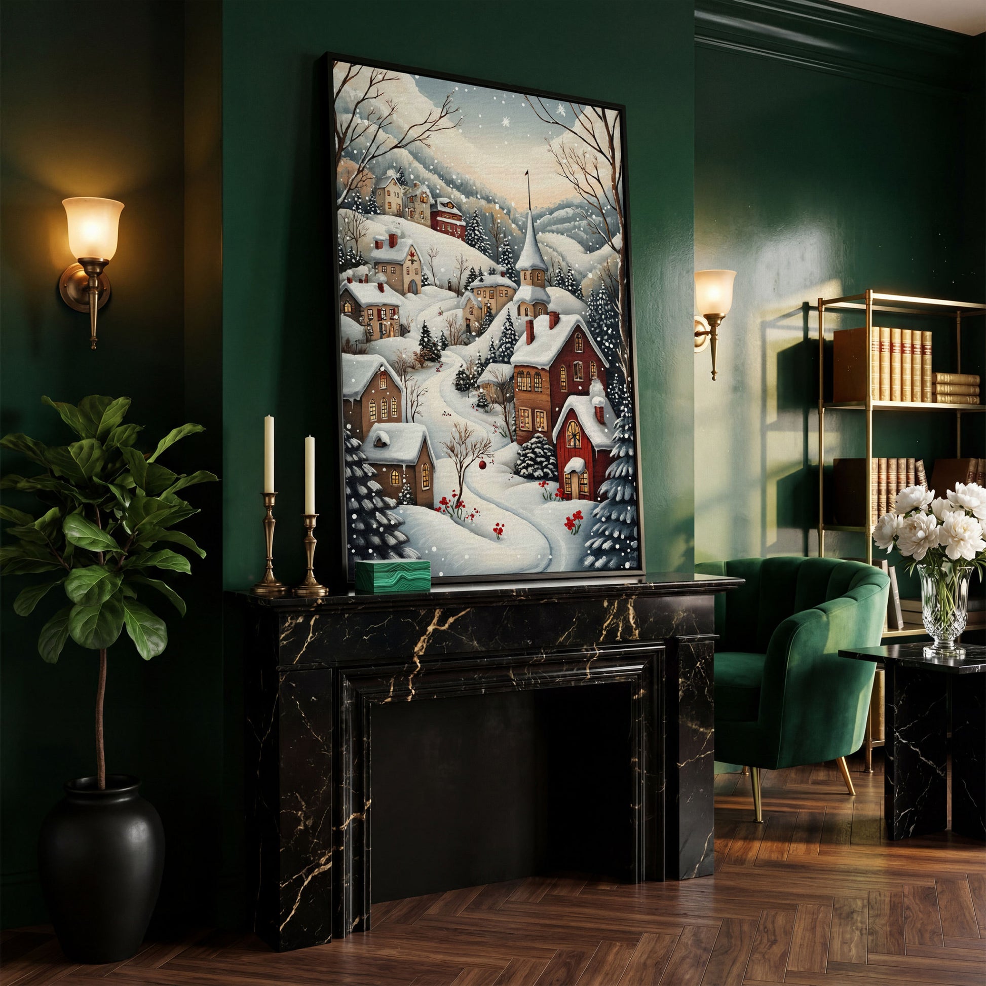 Winter Village Canvas Print with Snow-Covered Rooftops in black floating frame