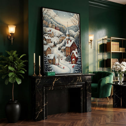 Winter Village Canvas Print with Snow-Covered Rooftops in black floating frame