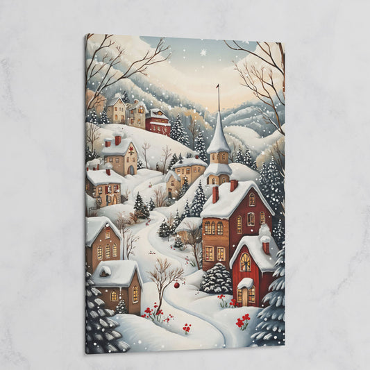 Winter Village Canvas Print with Snow-Covered Rooftops on gallery wrap