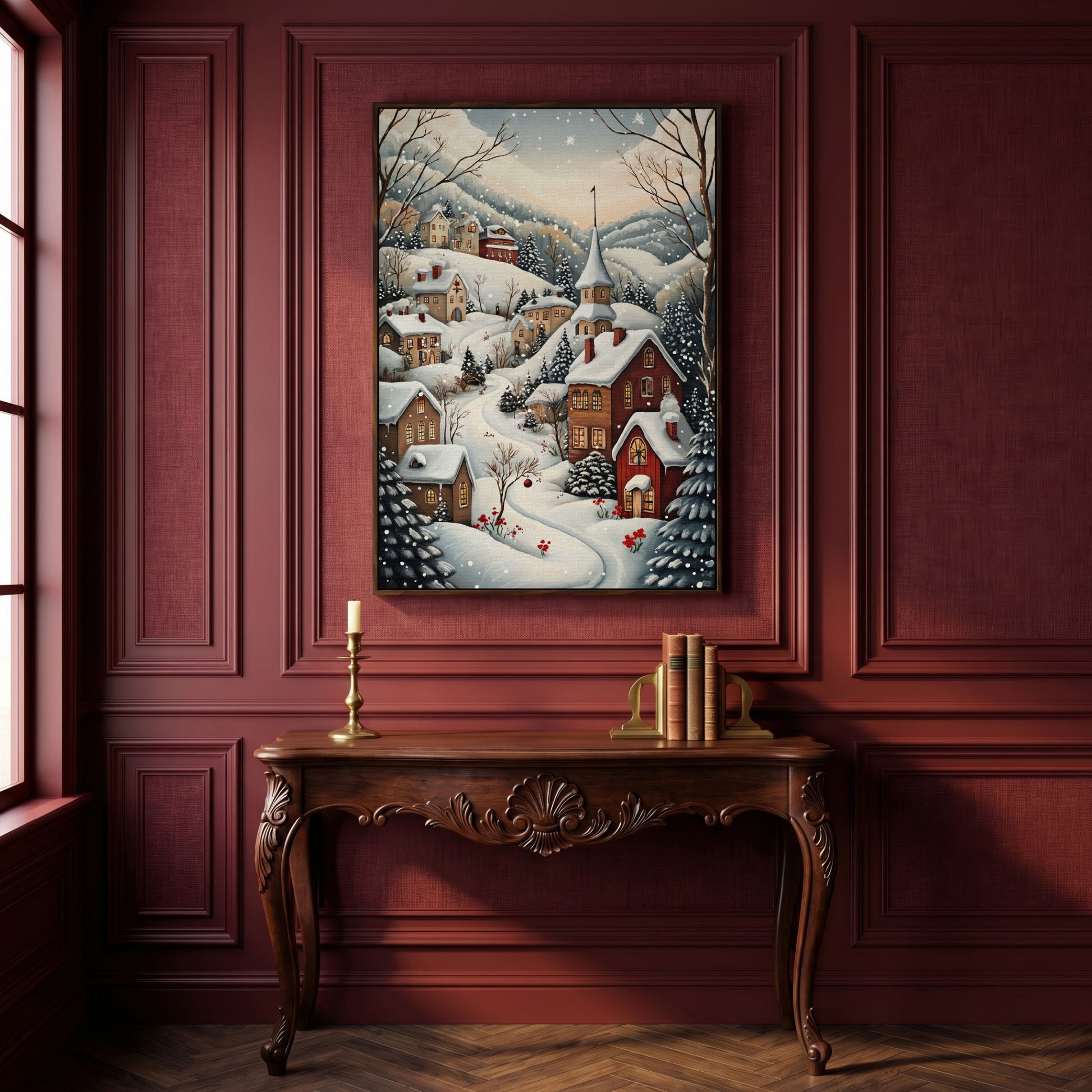 Winter Village Canvas Print with Snow-Covered Rooftops in dark walnut floating frame