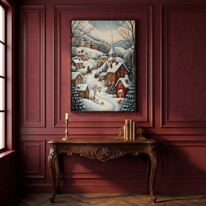 Winter Village Canvas Print with Snow-Covered Rooftops in dark walnut floating frame