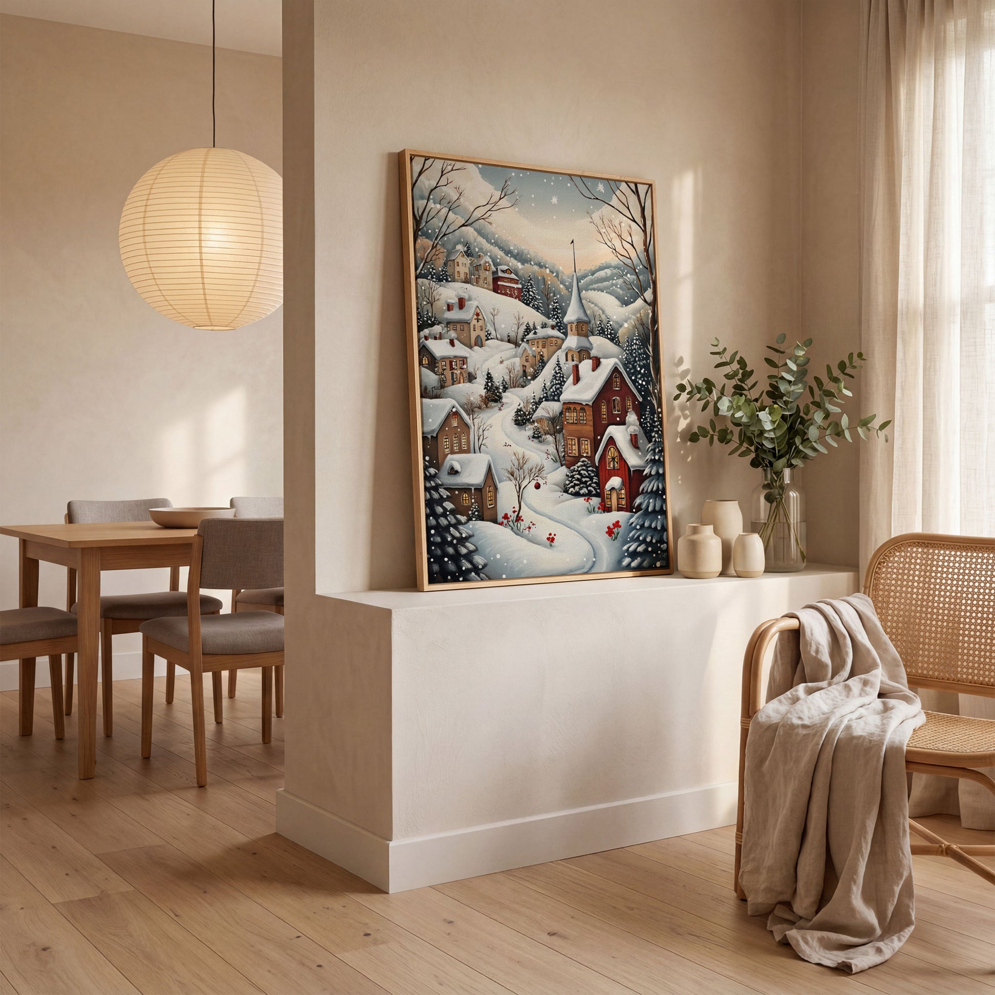 Winter Village Canvas Print with Snow-Covered Rooftops in white oak floating frame