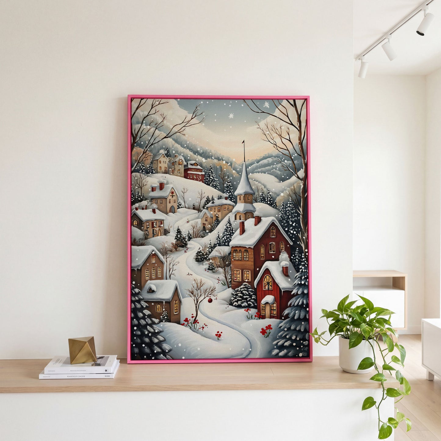 Winter Village Canvas Print with Snow-Covered Rooftops in pink floating frame