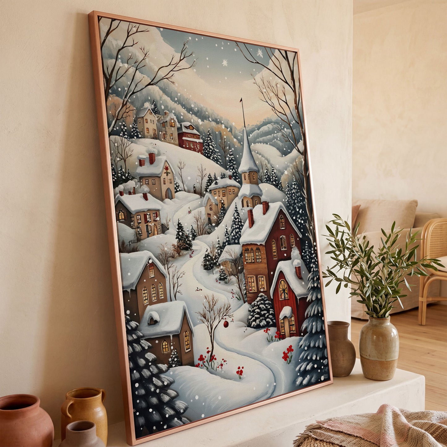 Winter Village Canvas Print with Snow-Covered Rooftops in rose gold floating frame