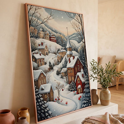 Winter Village Canvas Print with Snow-Covered Rooftops in rose gold floating frame