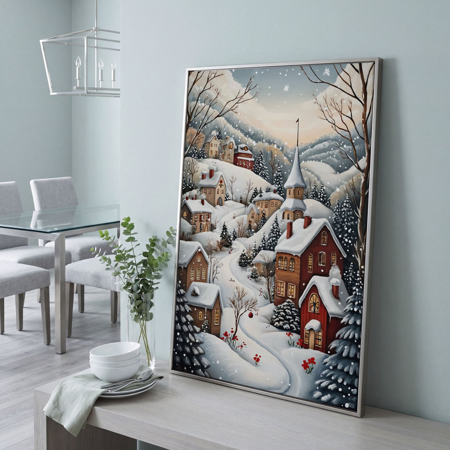 Winter Village Canvas Print with Snow-Covered Rooftops in silver floating frame