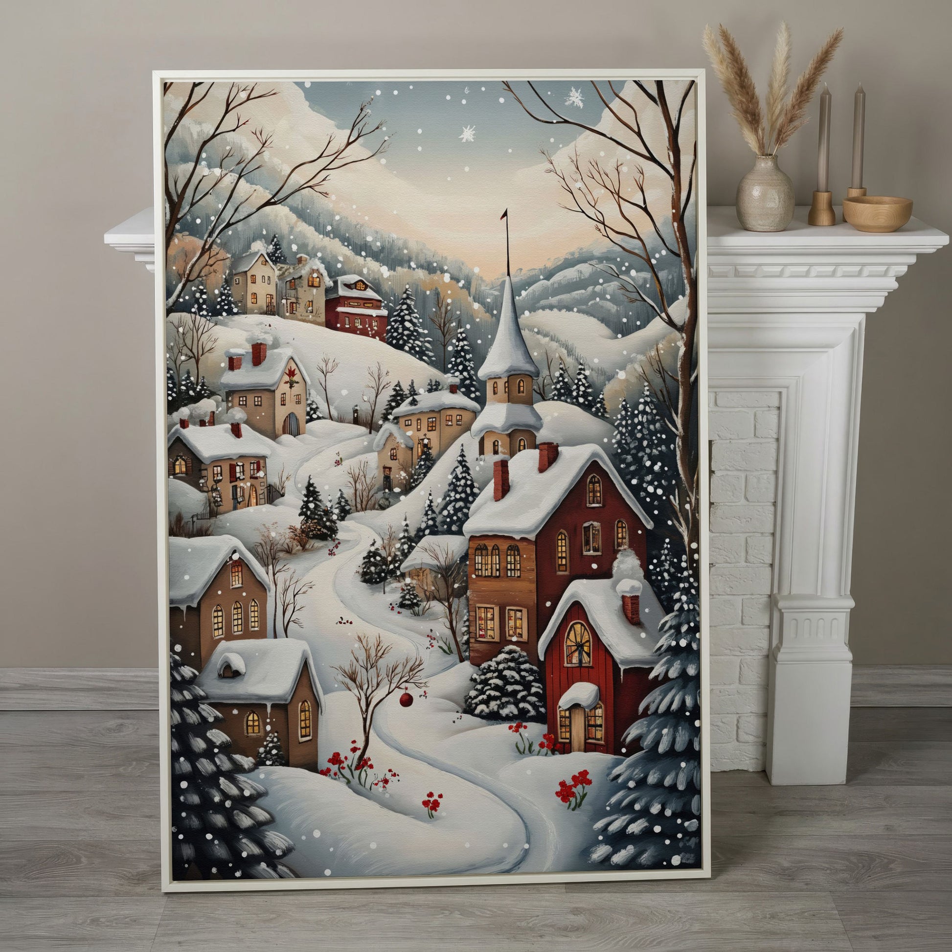 Winter Village Canvas Print with Snow-Covered Rooftops in white floating frame