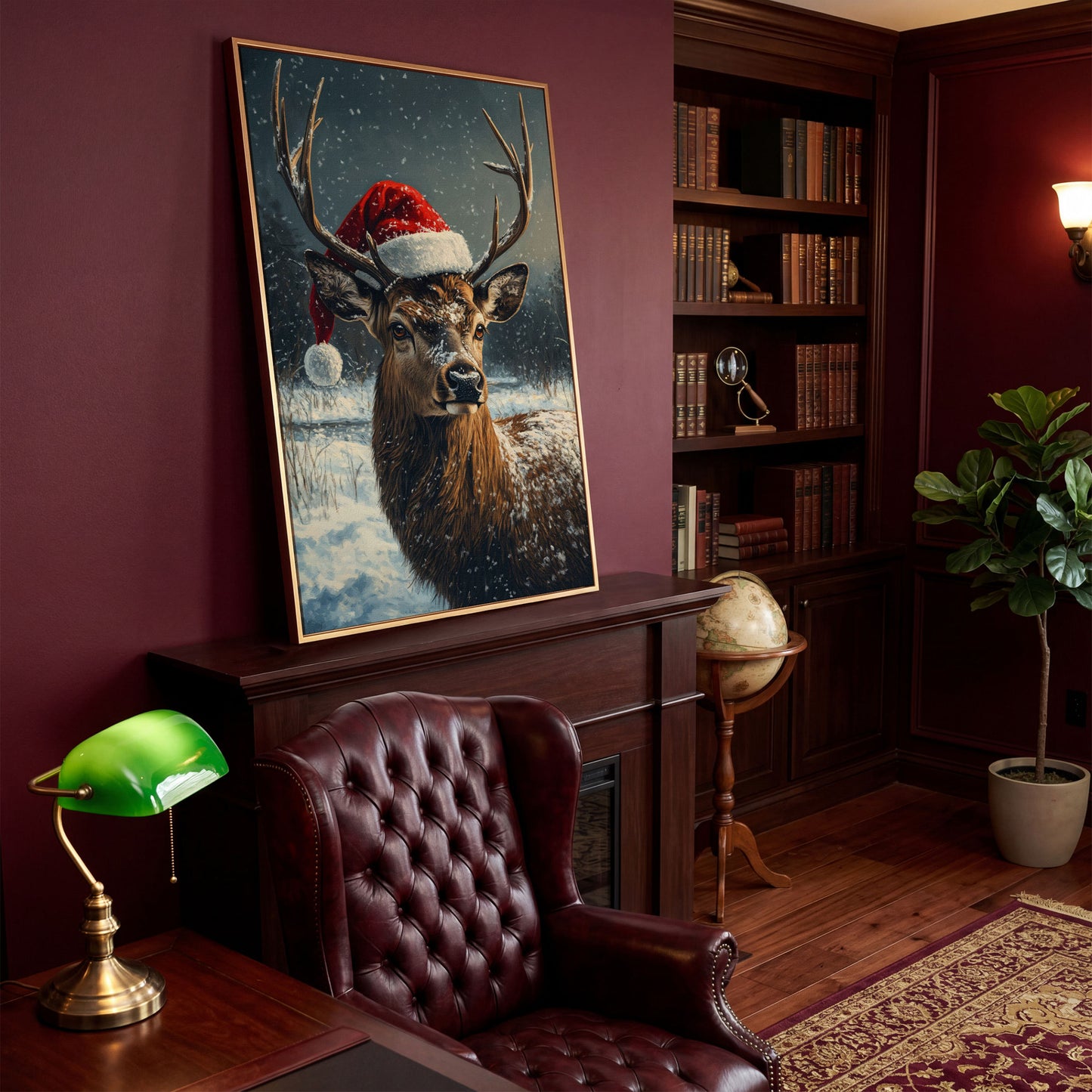 Stag in Santa Hat Canvas Print in antique gold floating frame