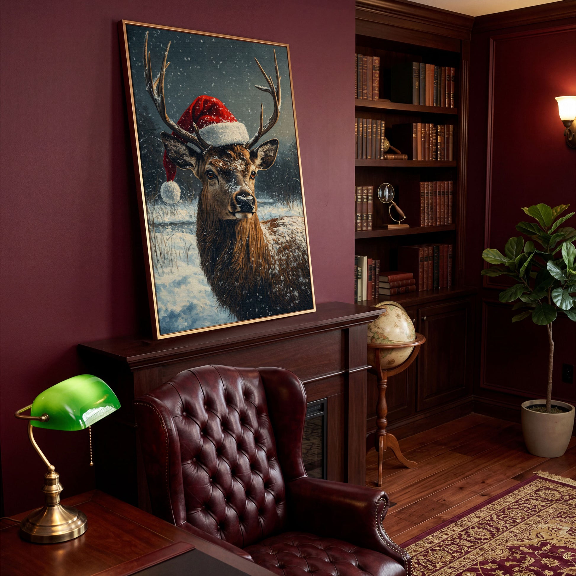 Stag in Santa Hat Canvas Print in antique gold floating frame