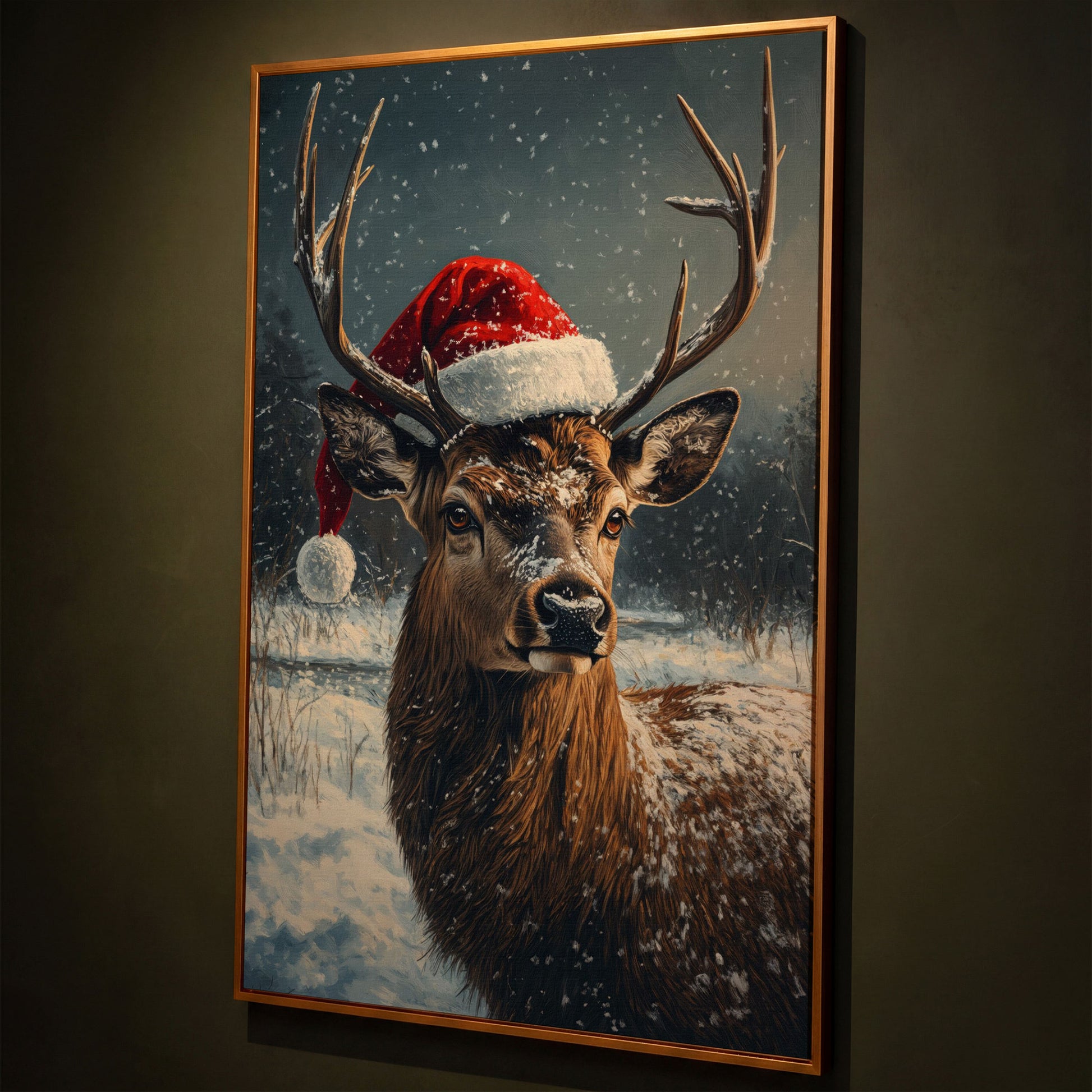 Stag in Santa Hat Canvas Print shown in antique gold floating frame