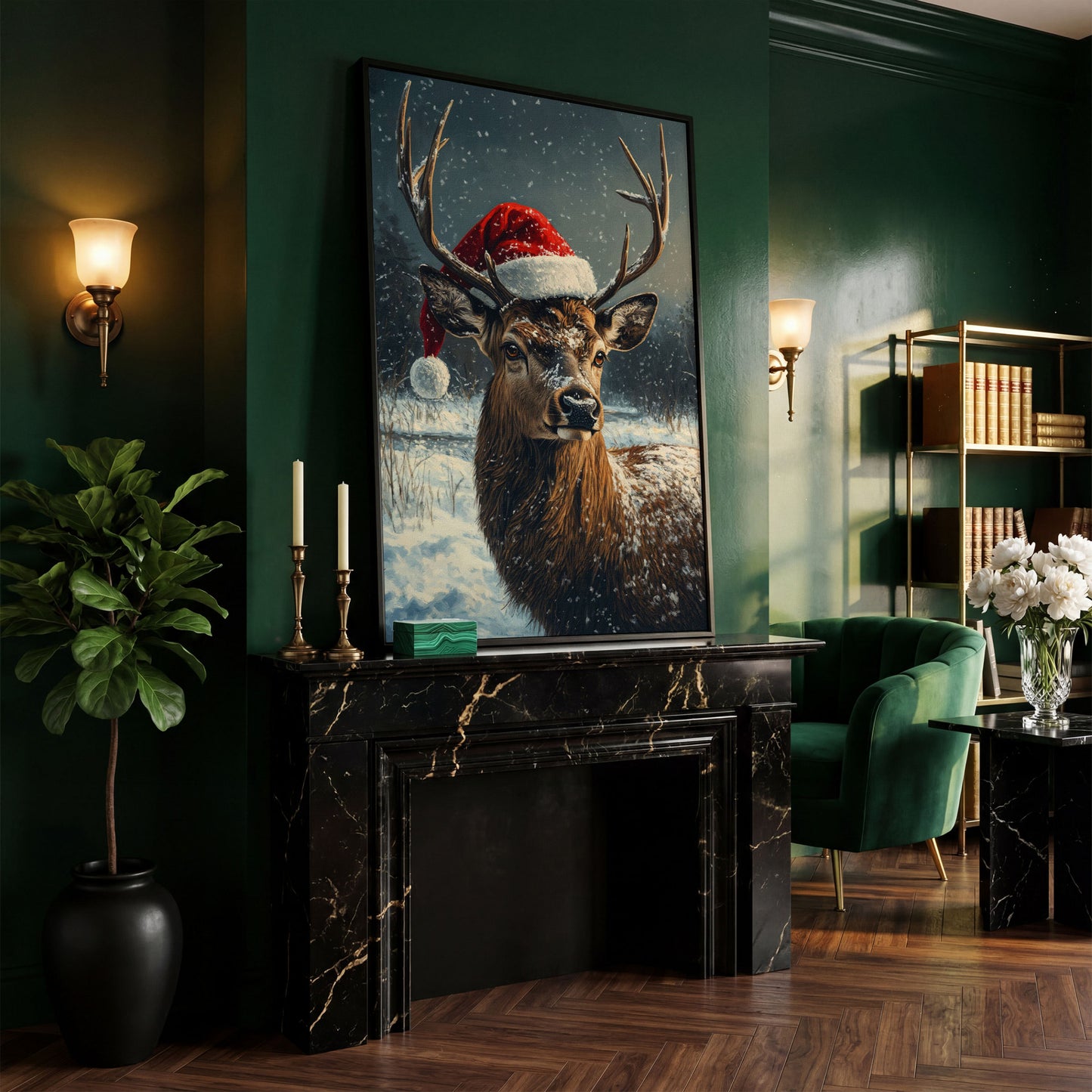 Stag in Santa Hat Canvas Print in black floating frame