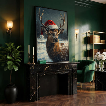 Stag in Santa Hat Canvas Print in black floating frame