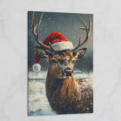 Stag in Santa Hat Canvas Print on gallery wrap