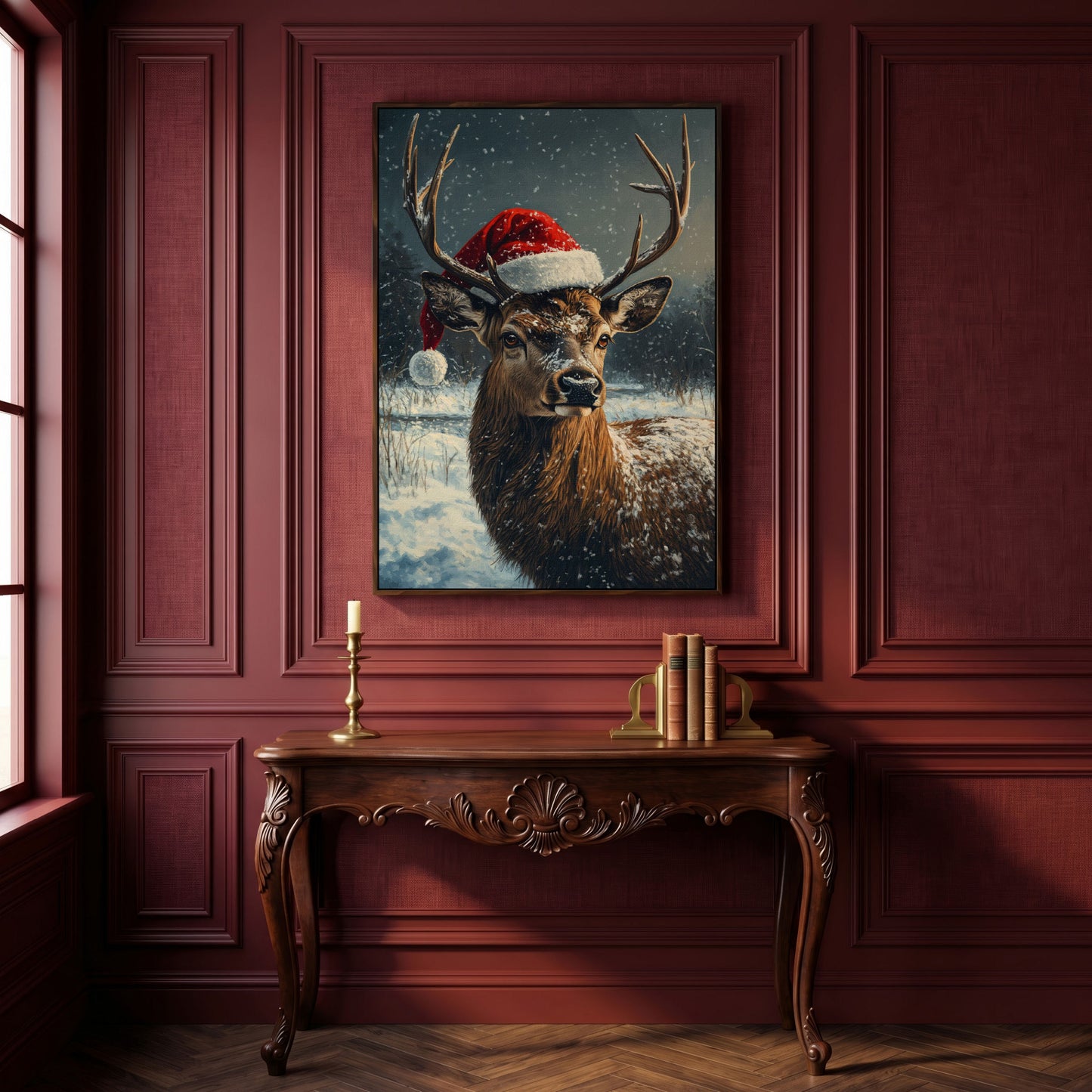 Stag in Santa Hat Canvas Print in dark walnut floating frame
