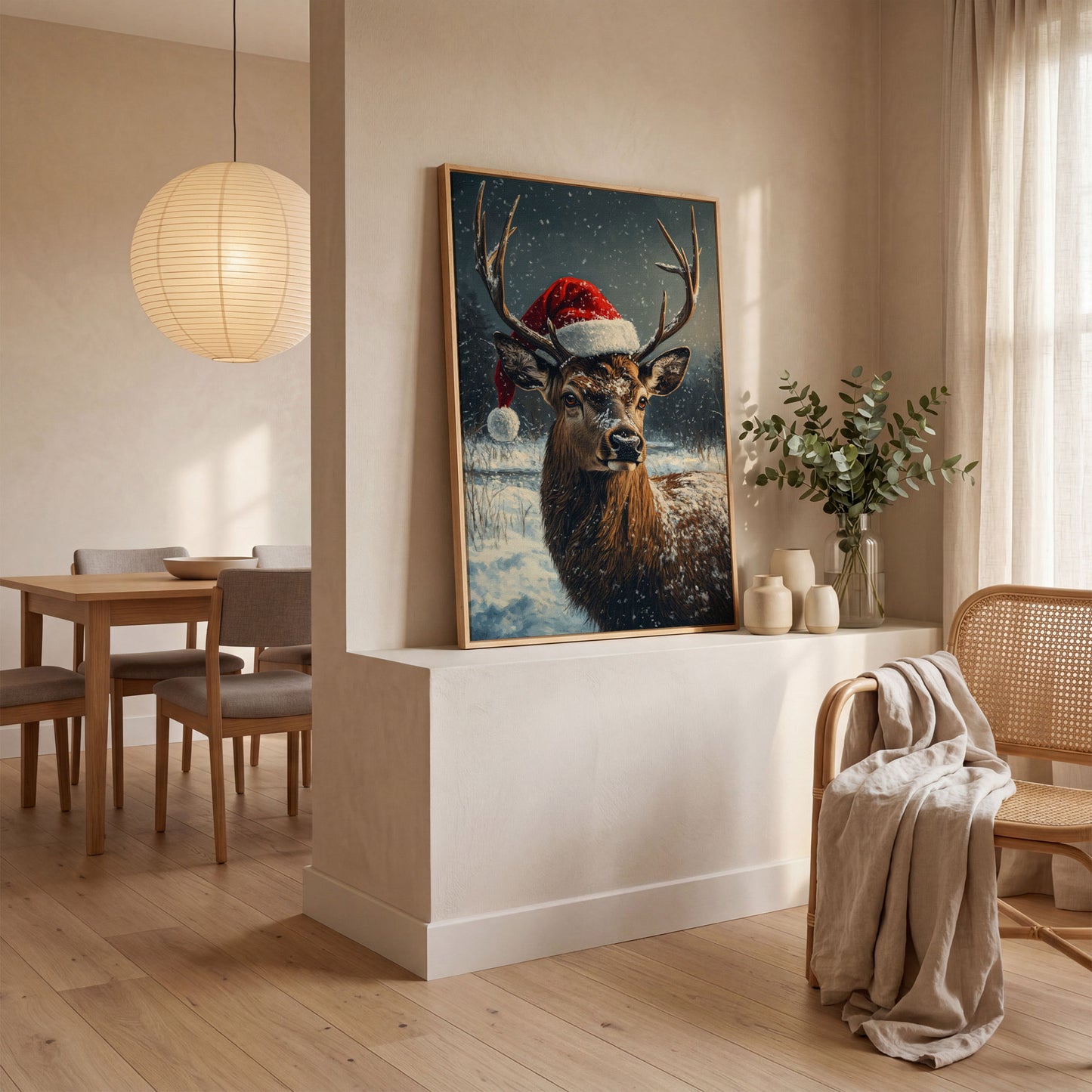 Stag in Santa Hat Canvas Print in white oak floating frame