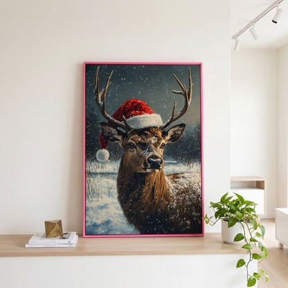 Stag in Santa Hat Canvas Print in pink floating frame