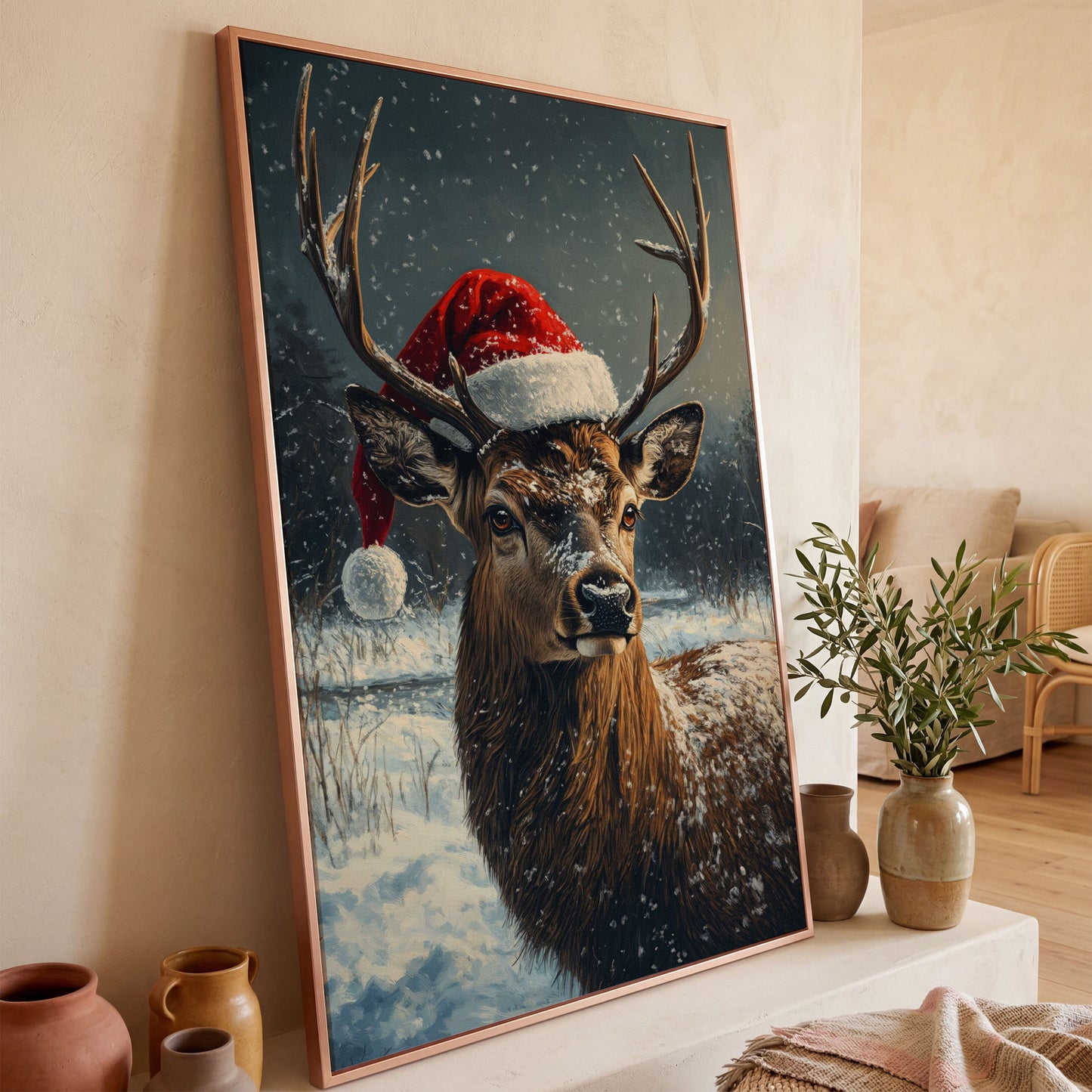 Stag in Santa Hat Canvas Print in rose gold floating frame