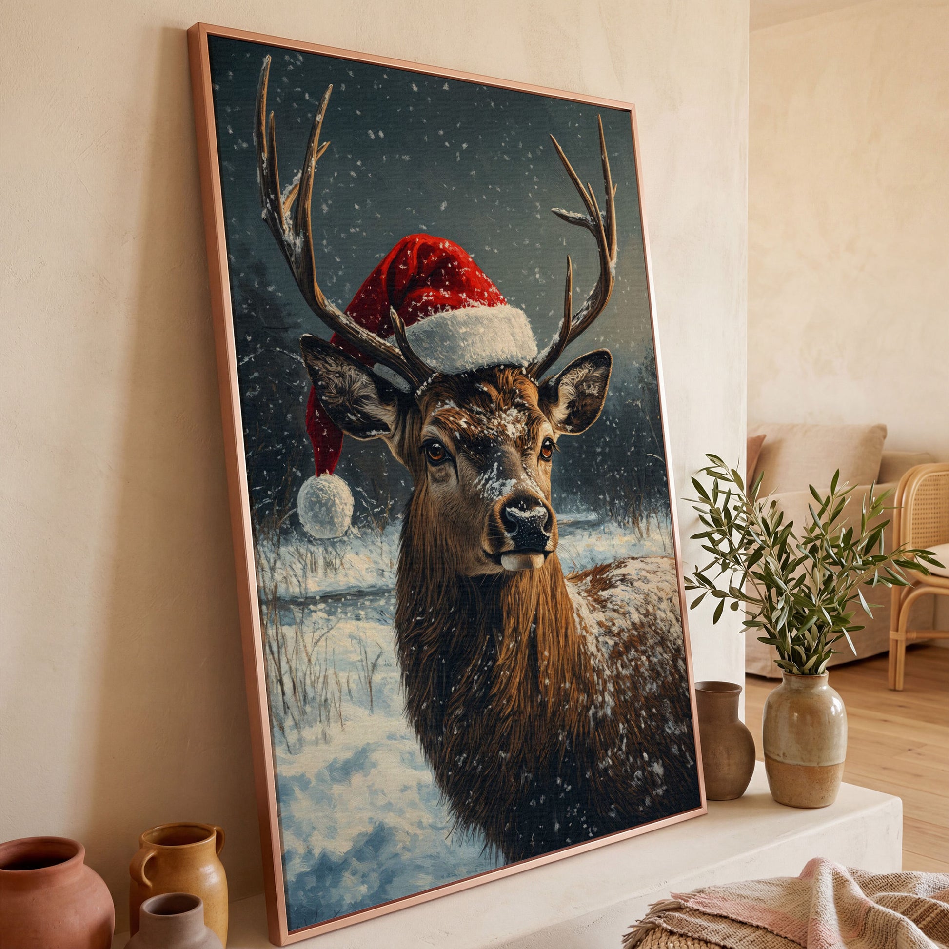 Stag in Santa Hat Canvas Print in rose gold floating frame