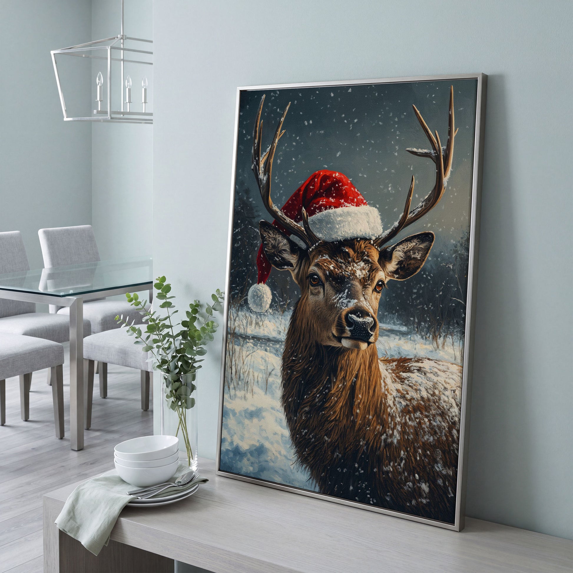 Stag in Santa Hat Canvas Print in silver floating frame