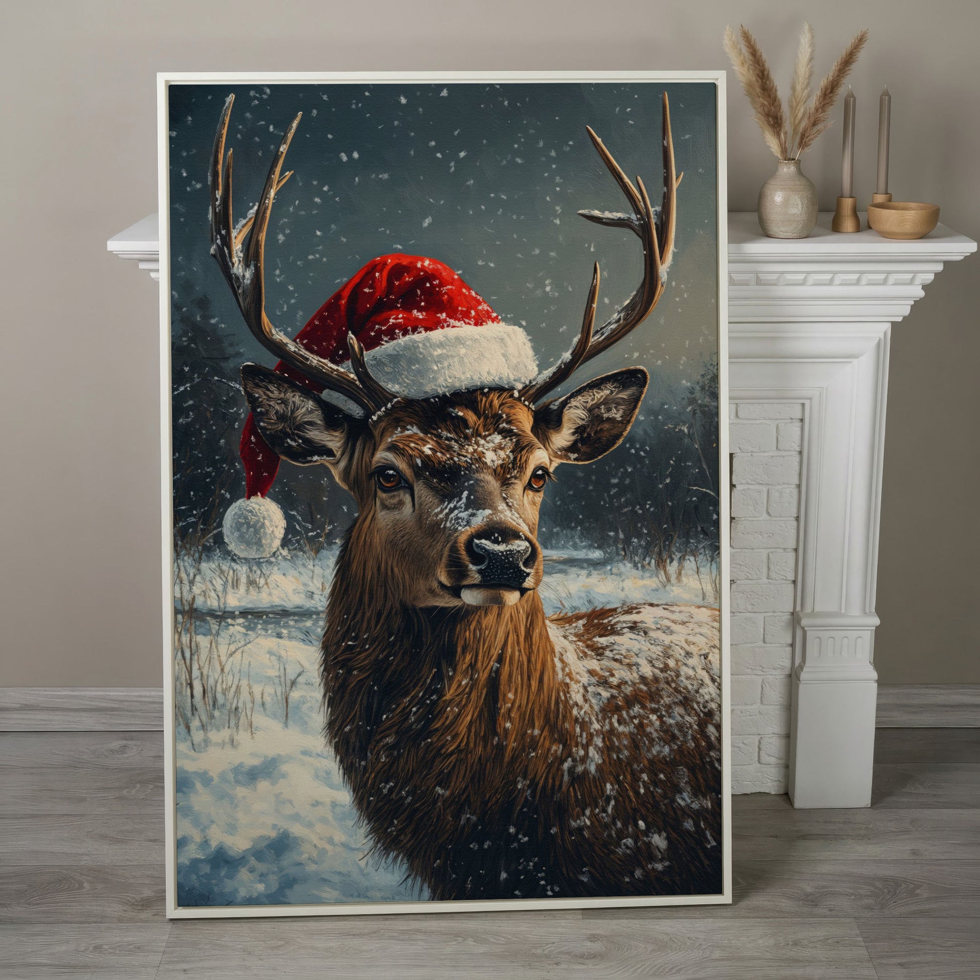 Stag in Santa Hat Canvas Print in white floating frame