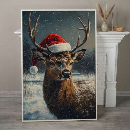 Stag in Santa Hat Canvas Print in white floating frame