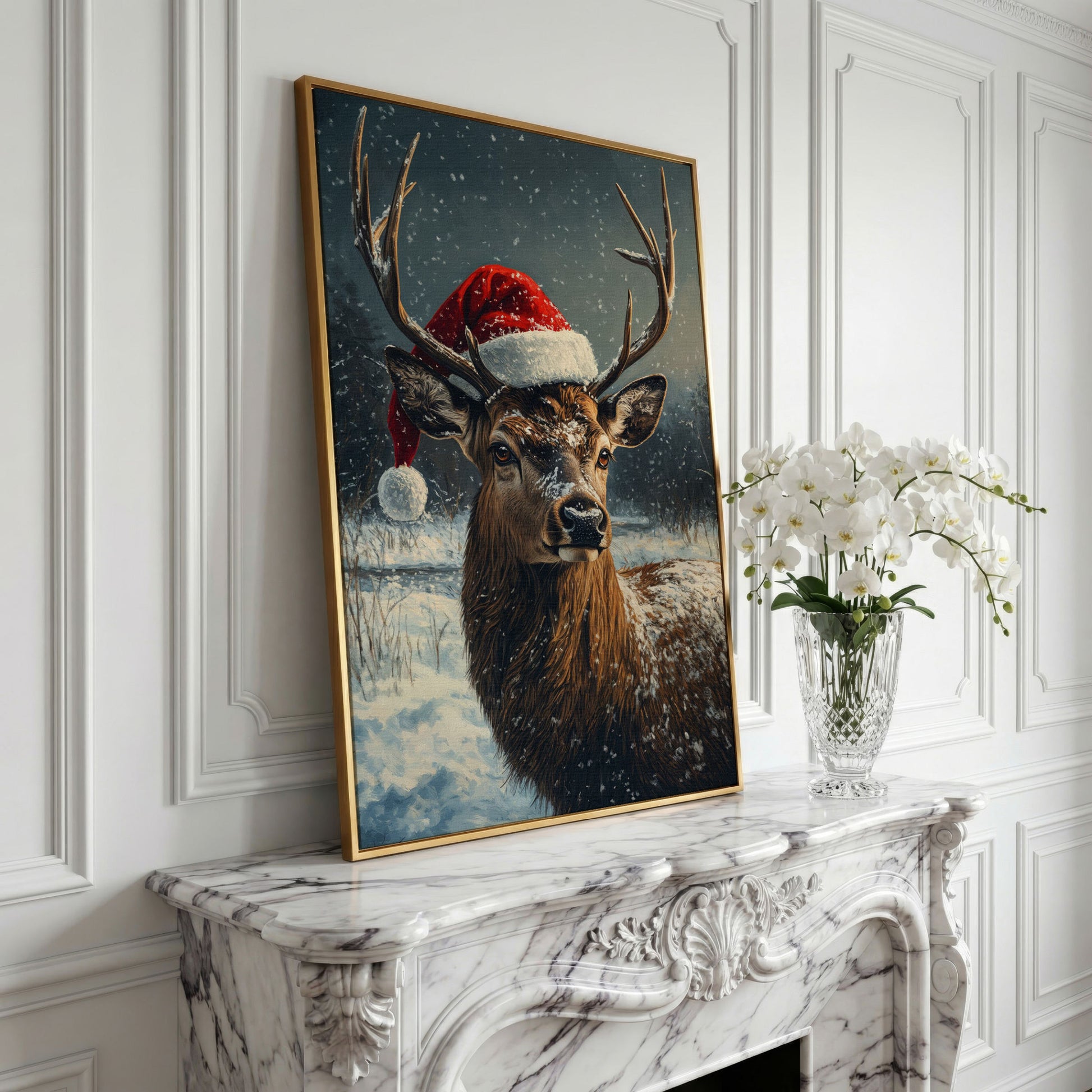 Stag in Santa Hat Canvas Print in yellow gold floating frame