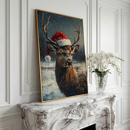 Stag in Santa Hat Canvas Print in yellow gold floating frame