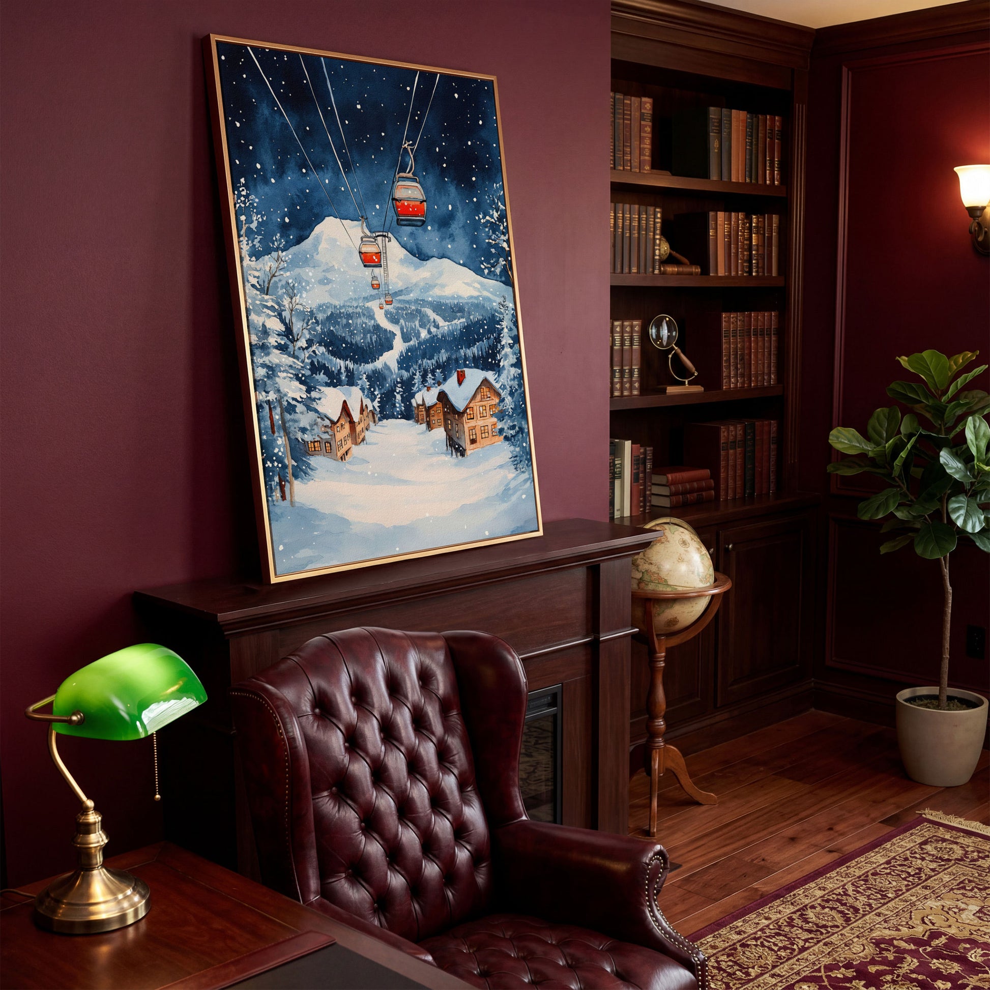 Snowy Mountain with Cable Cars Canvas Print in antique gold floating frame