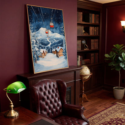 Snowy Mountain with Cable Cars Canvas Print in antique gold floating frame