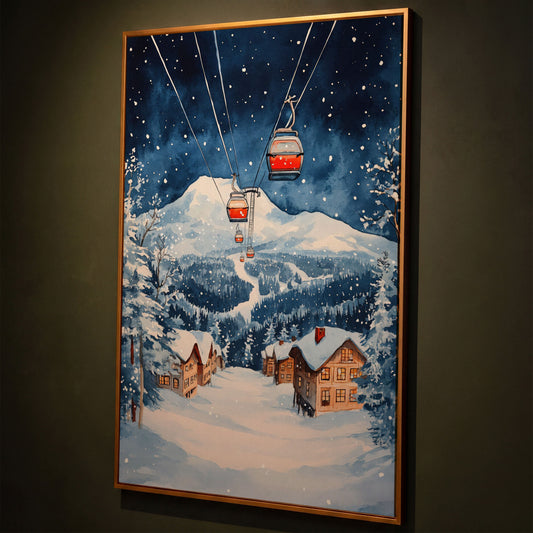 Snowy Mountain with Cable Cars Canvas Print shown in antique gold floating frame