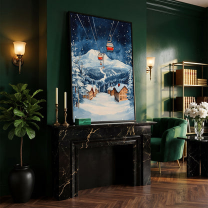 Snowy Mountain with Cable Cars Canvas Print in black floating frame