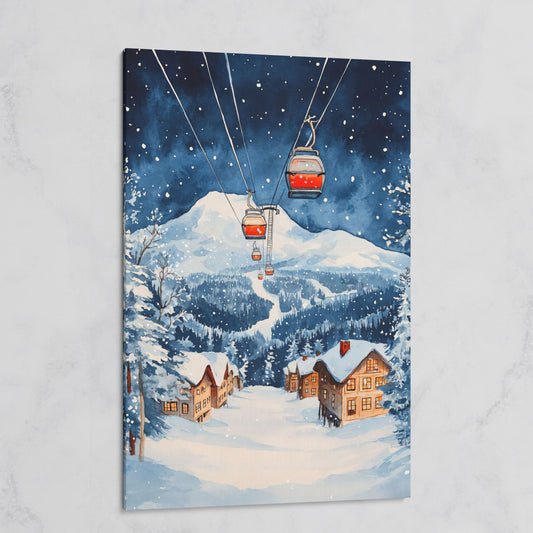 Snowy Mountain with Cable Cars Canvas Print on gallery wrap