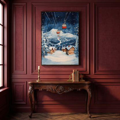 Snowy Mountain with Cable Cars Canvas Print in dark walnut floating frame