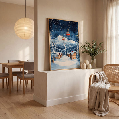 Snowy Mountain with Cable Cars Canvas Print in white oak floating frame