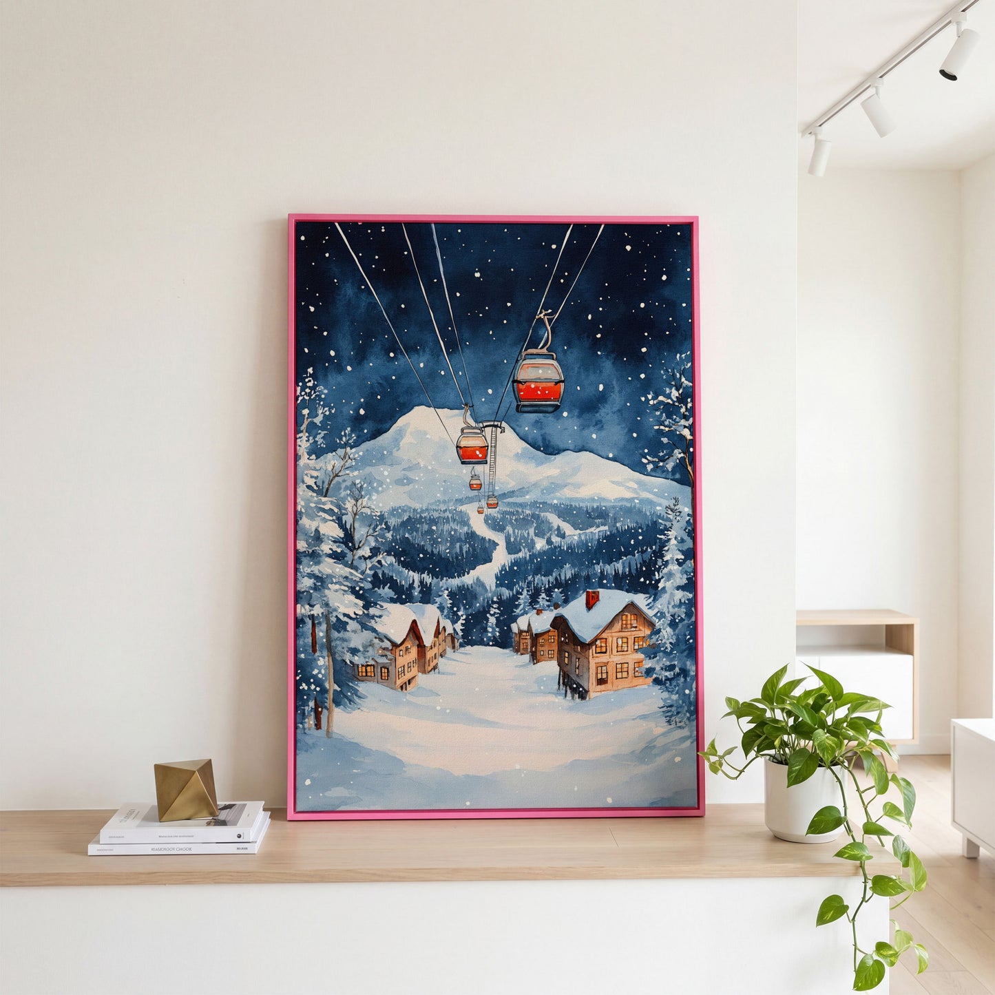 Snowy Mountain with Cable Cars Canvas Print in pink floating frame
