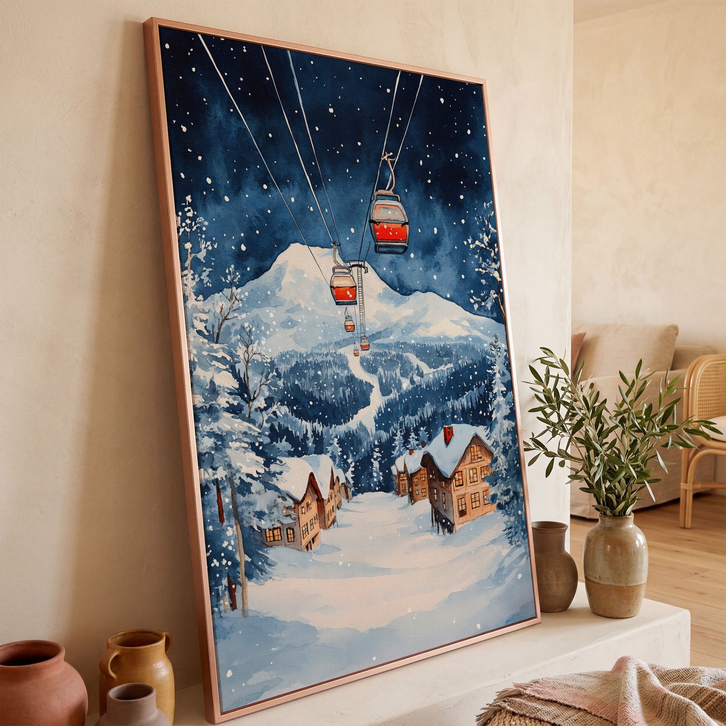 Snowy Mountain with Cable Cars Canvas Print in rose gold floating frame