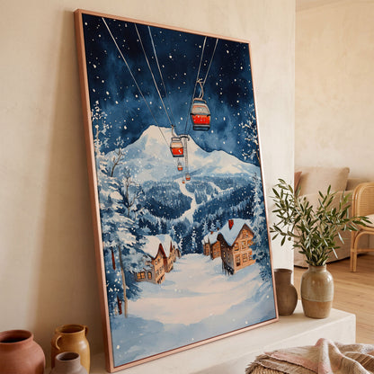 Snowy Mountain with Cable Cars Canvas Print in rose gold floating frame