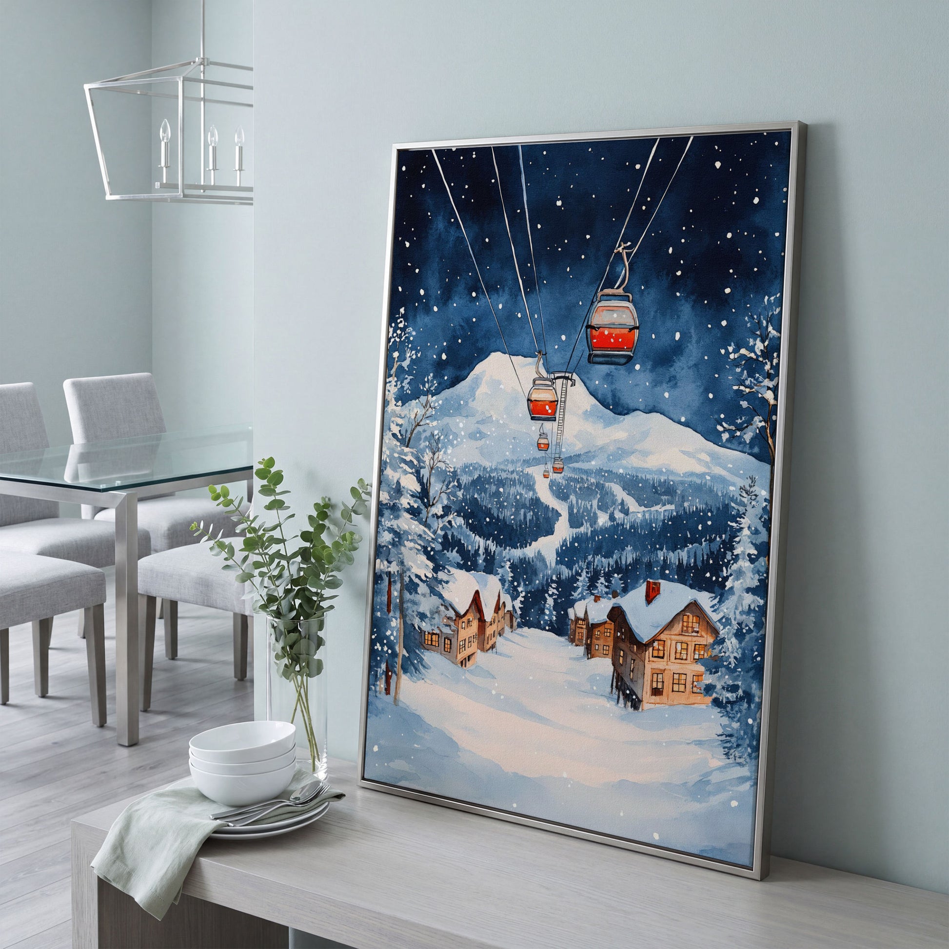 Snowy Mountain with Cable Cars Canvas Print in silver floating frame
