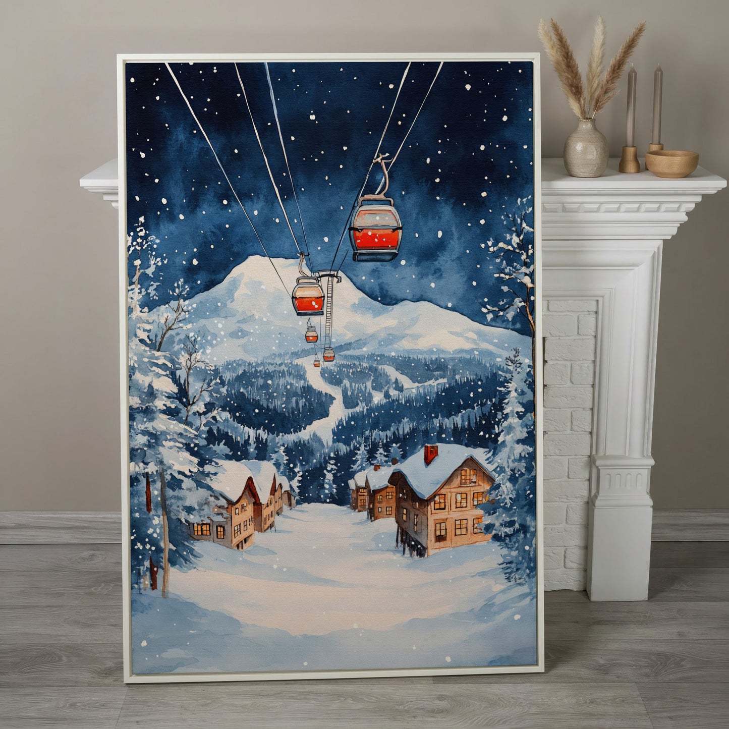 Snowy Mountain with Cable Cars Canvas Print in white floating frame