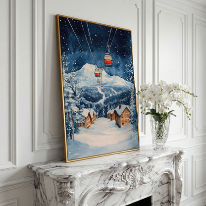 Snowy Mountain with Cable Cars Canvas Print in yellow gold floating frame