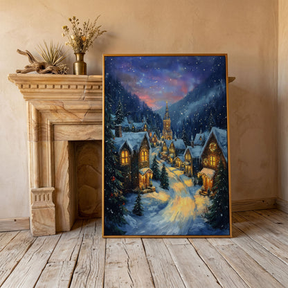Enchanted Winter Village Canvas with Golden Lamplight in antique gold floating frame