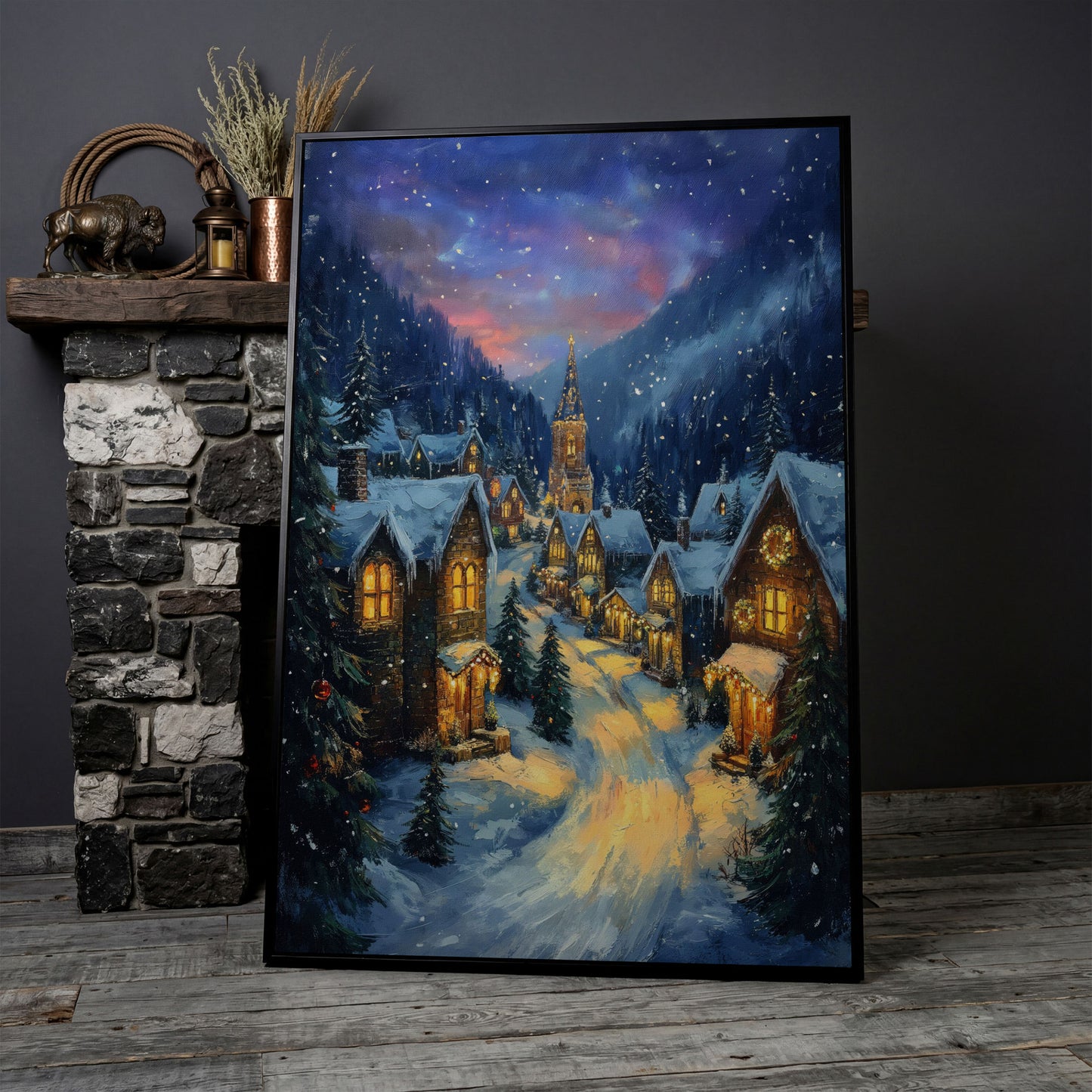 Enchanted Winter Village Canvas with Golden Lamplight in black floating frame